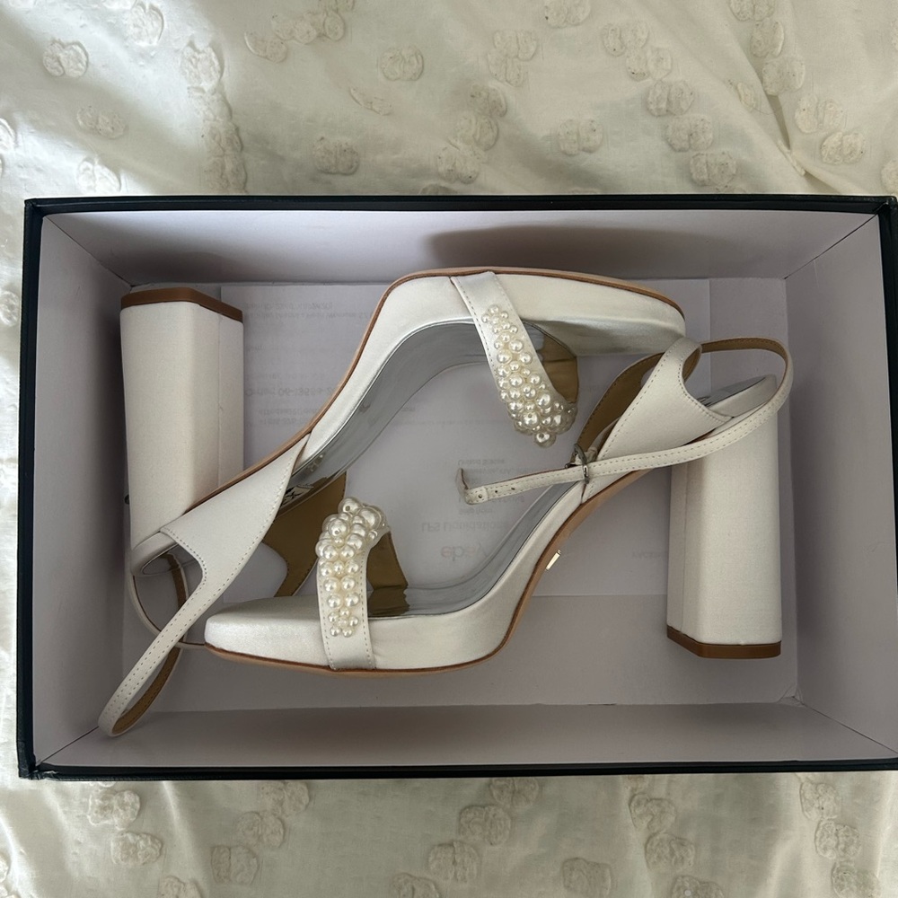 Badgley Mischka Calida Satin Block Heels with Pearled Vamp - Picture 2 of 4